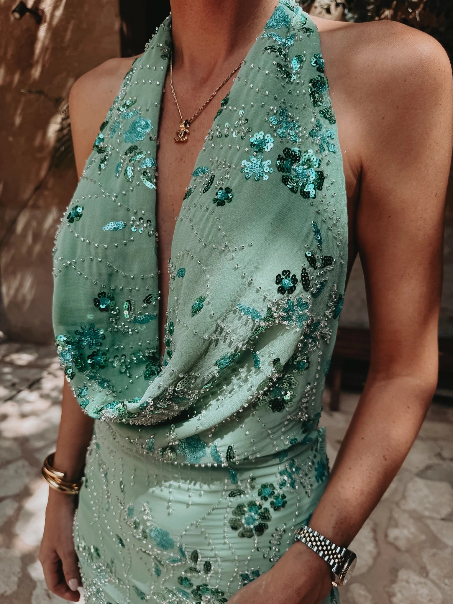 IBIZA GOLD EMBROIDERED MAXI DRESS - AQUA