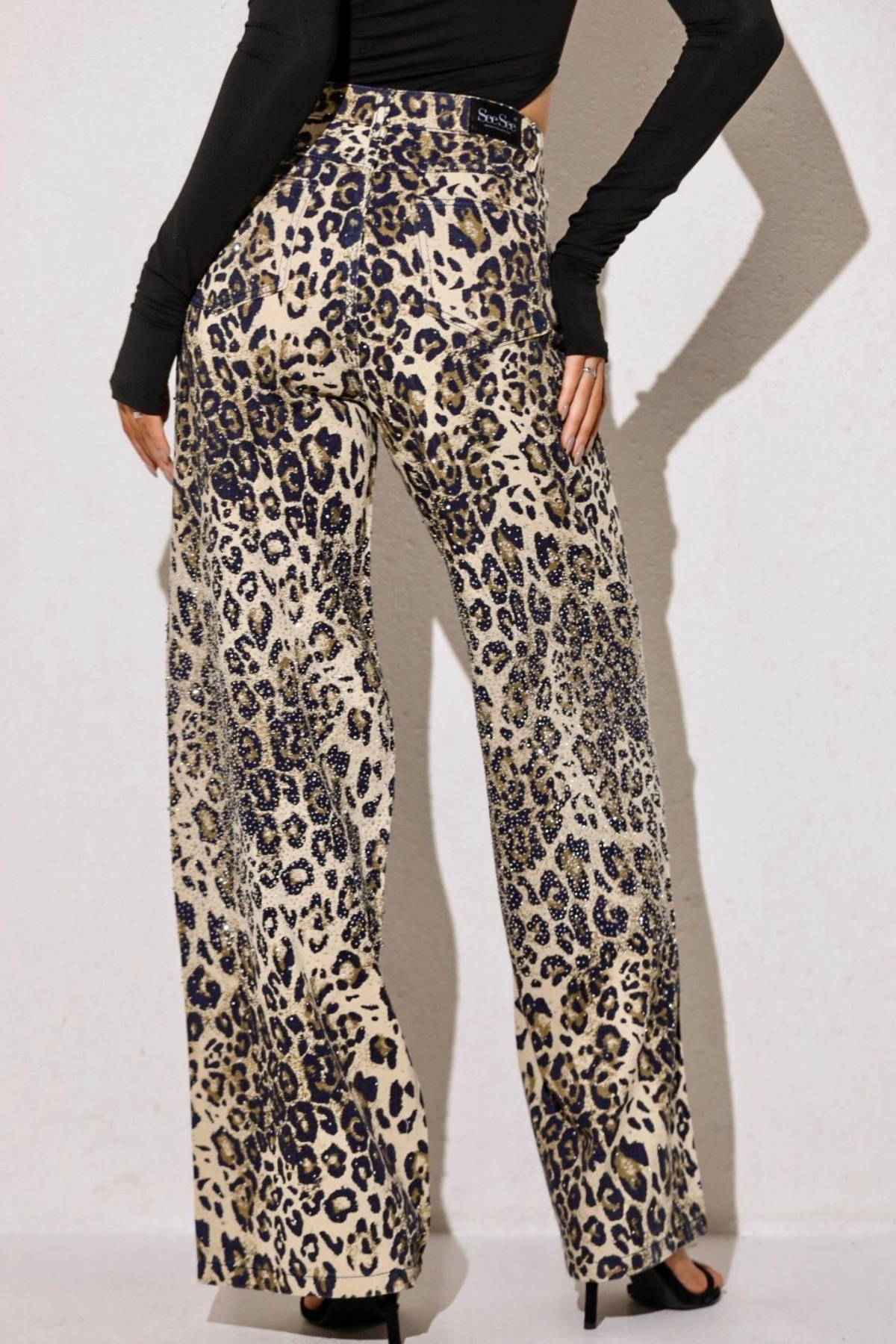 Taşlı premium yüksek bel leopar jean