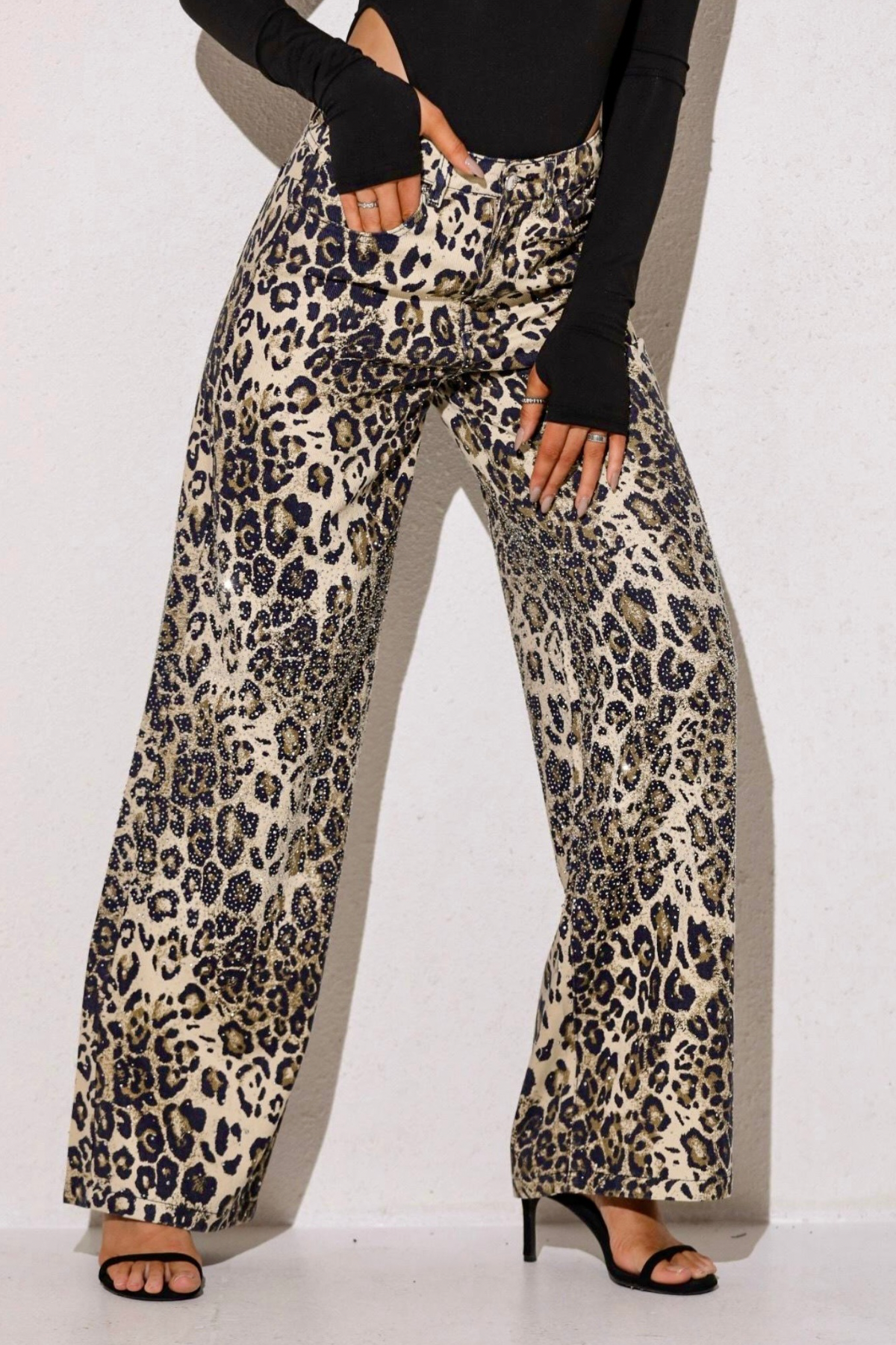 Taşlı premium yüksek bel leopar jean