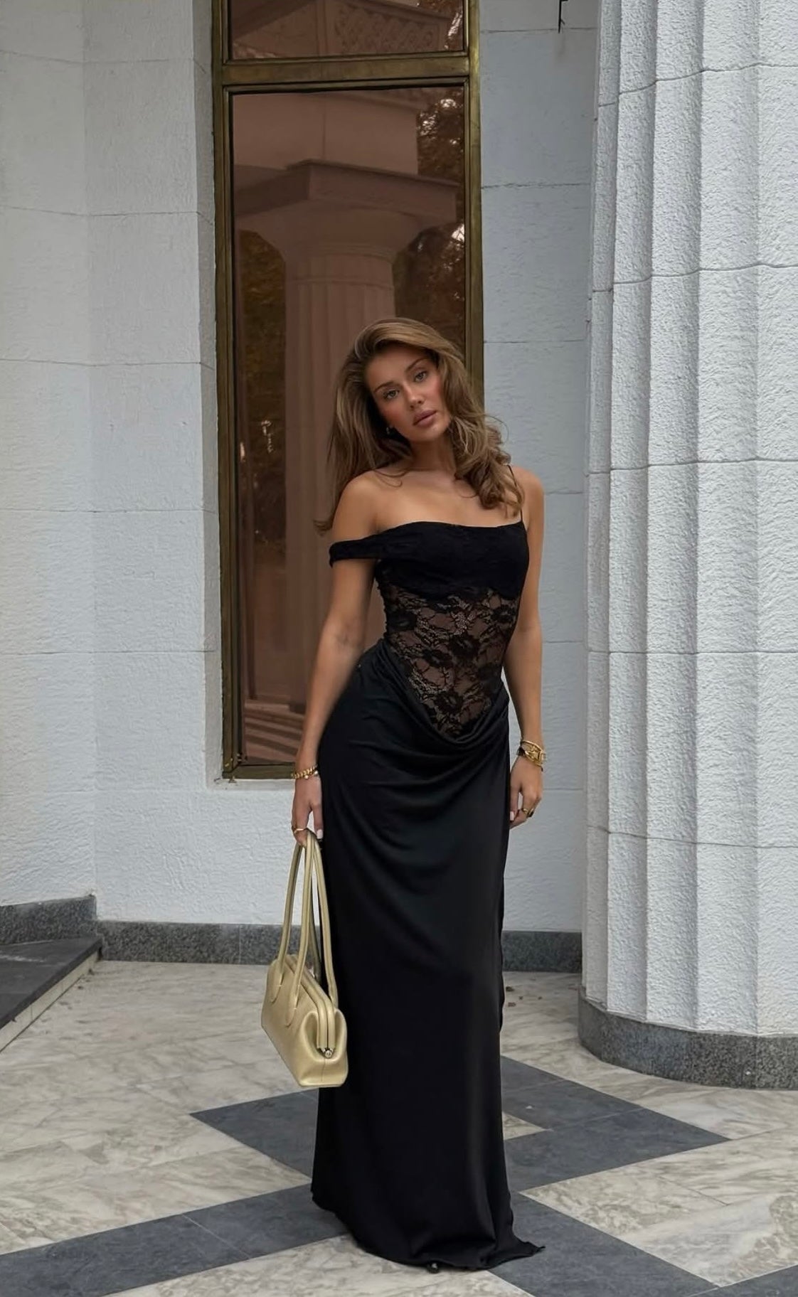 VALENTINA LACE CORSET MAXI DRESS - BLACK