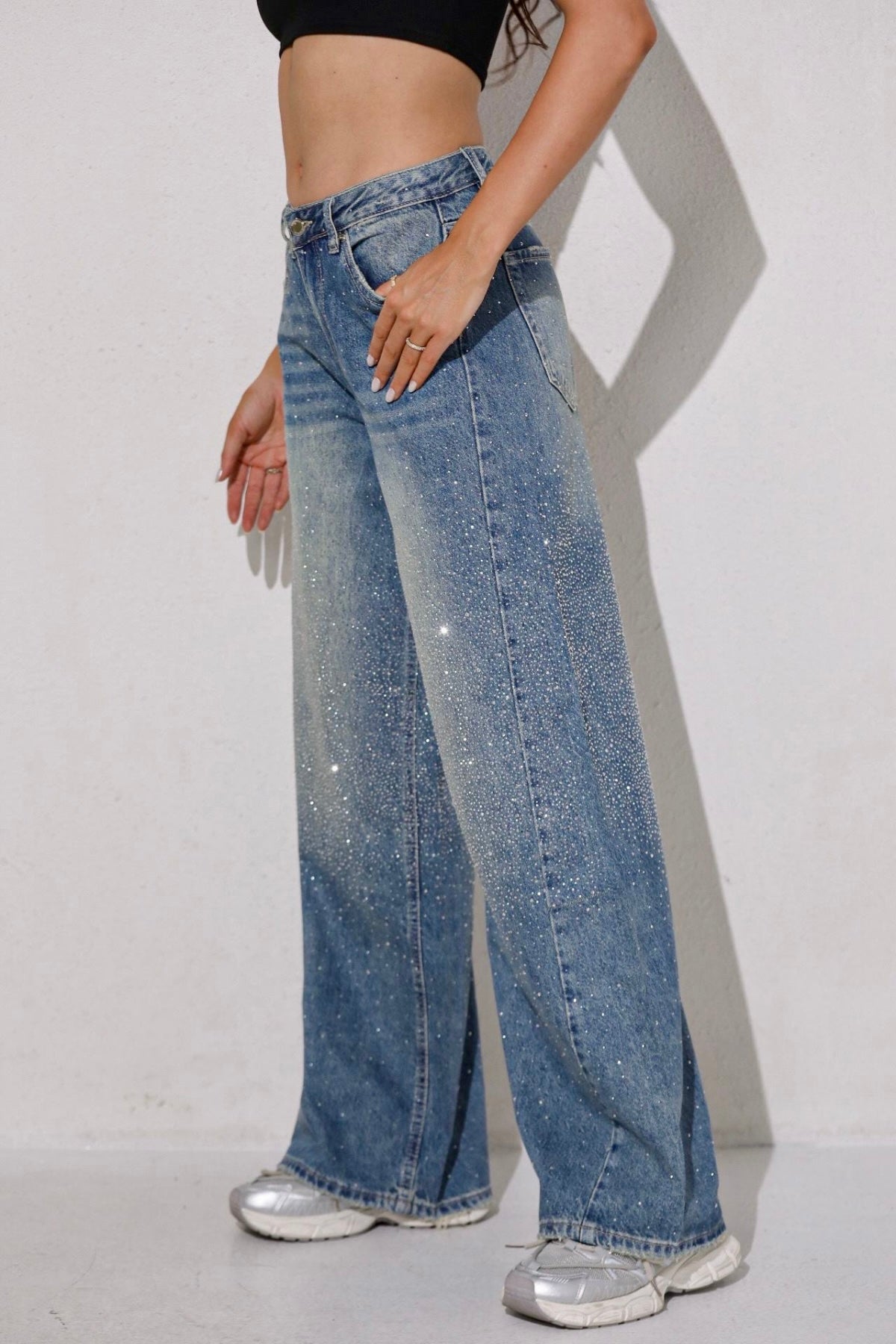 Taşlı premium yüksek bel jean