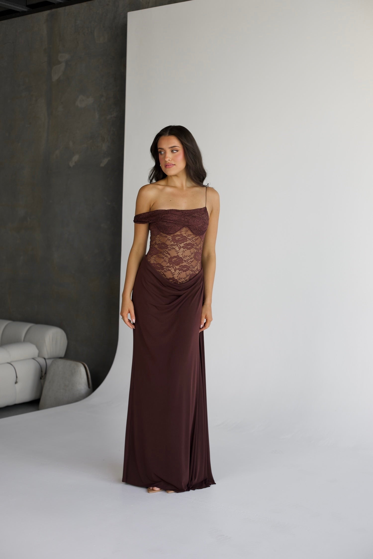 VALENTINA LACE CORSET MAXI DRESS - CHOCOLATE