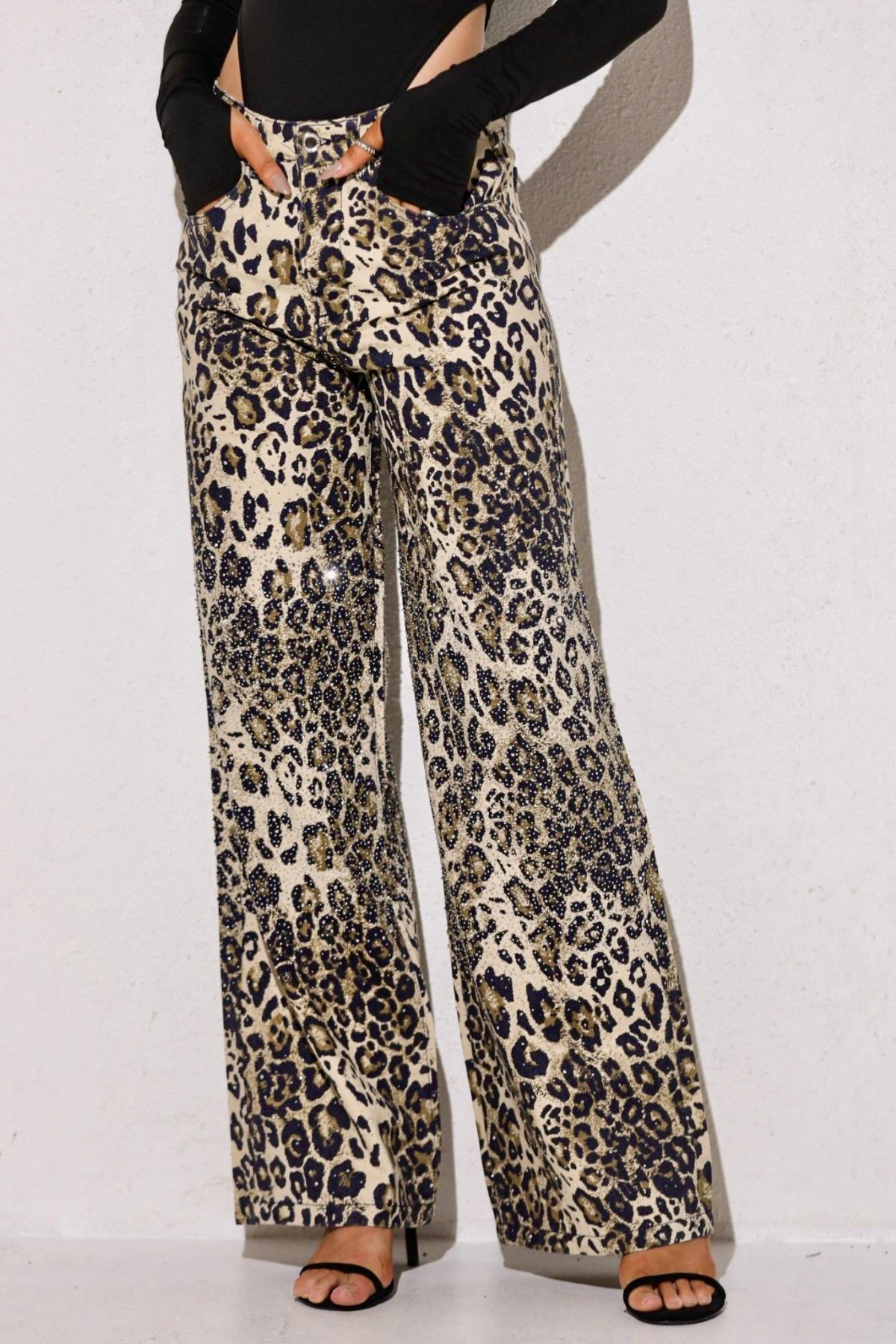 Taşlı premium yüksek bel leopar jean