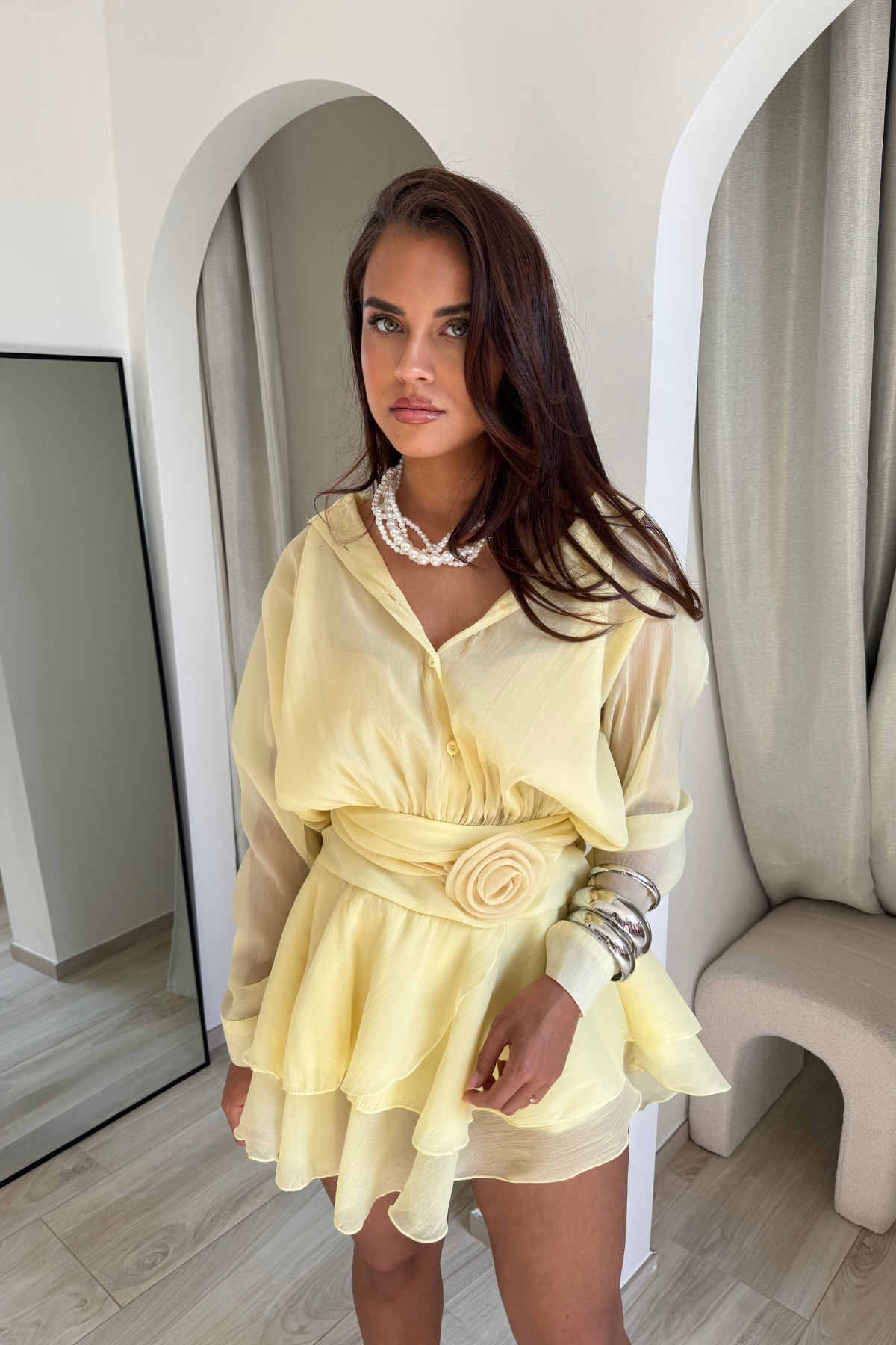 Gül kemerli mini elbise - Yellow