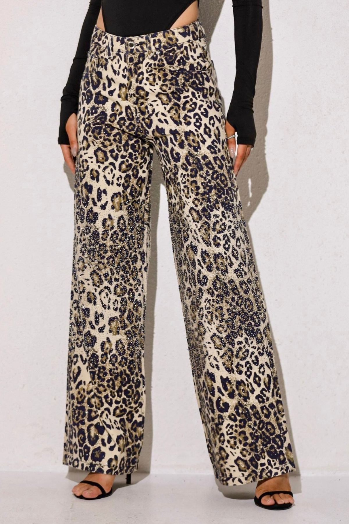 Taşlı premium yüksek bel leopar jean