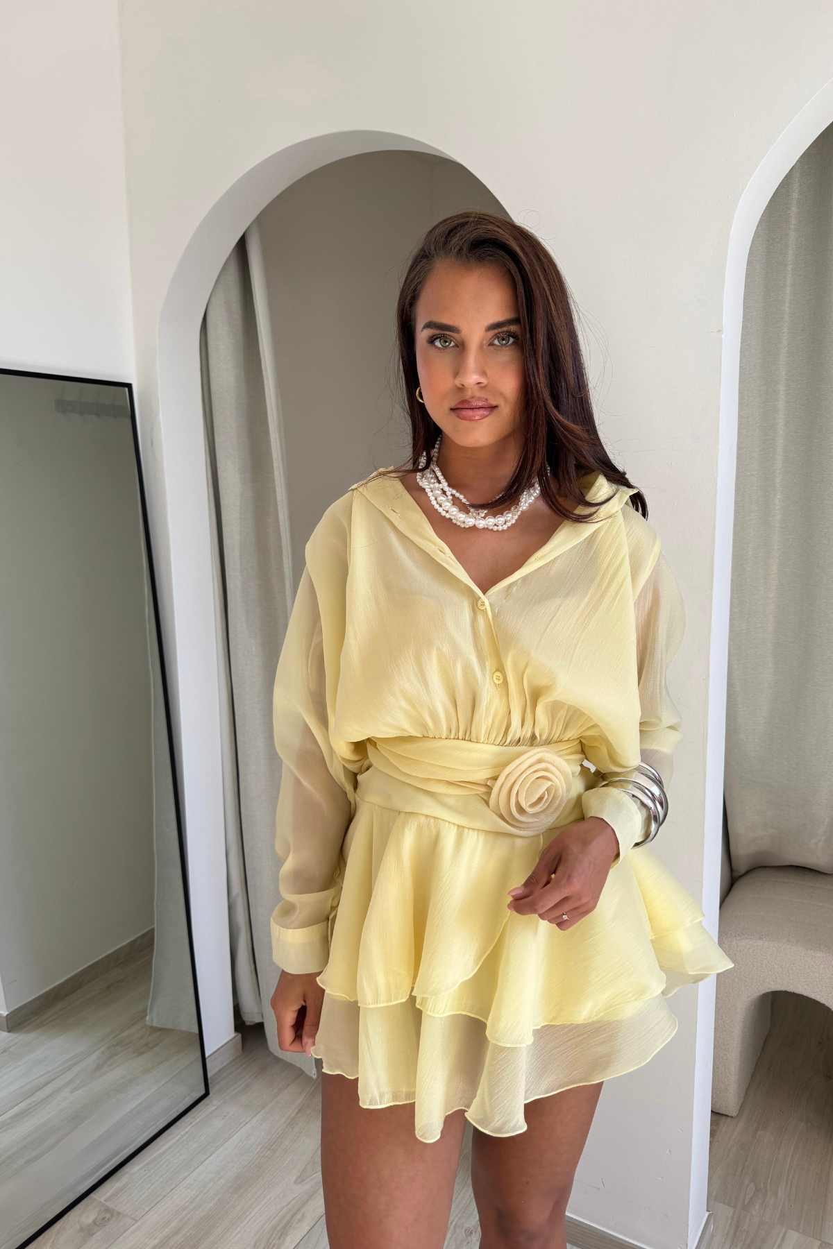 Gül kemerli mini elbise - Yellow