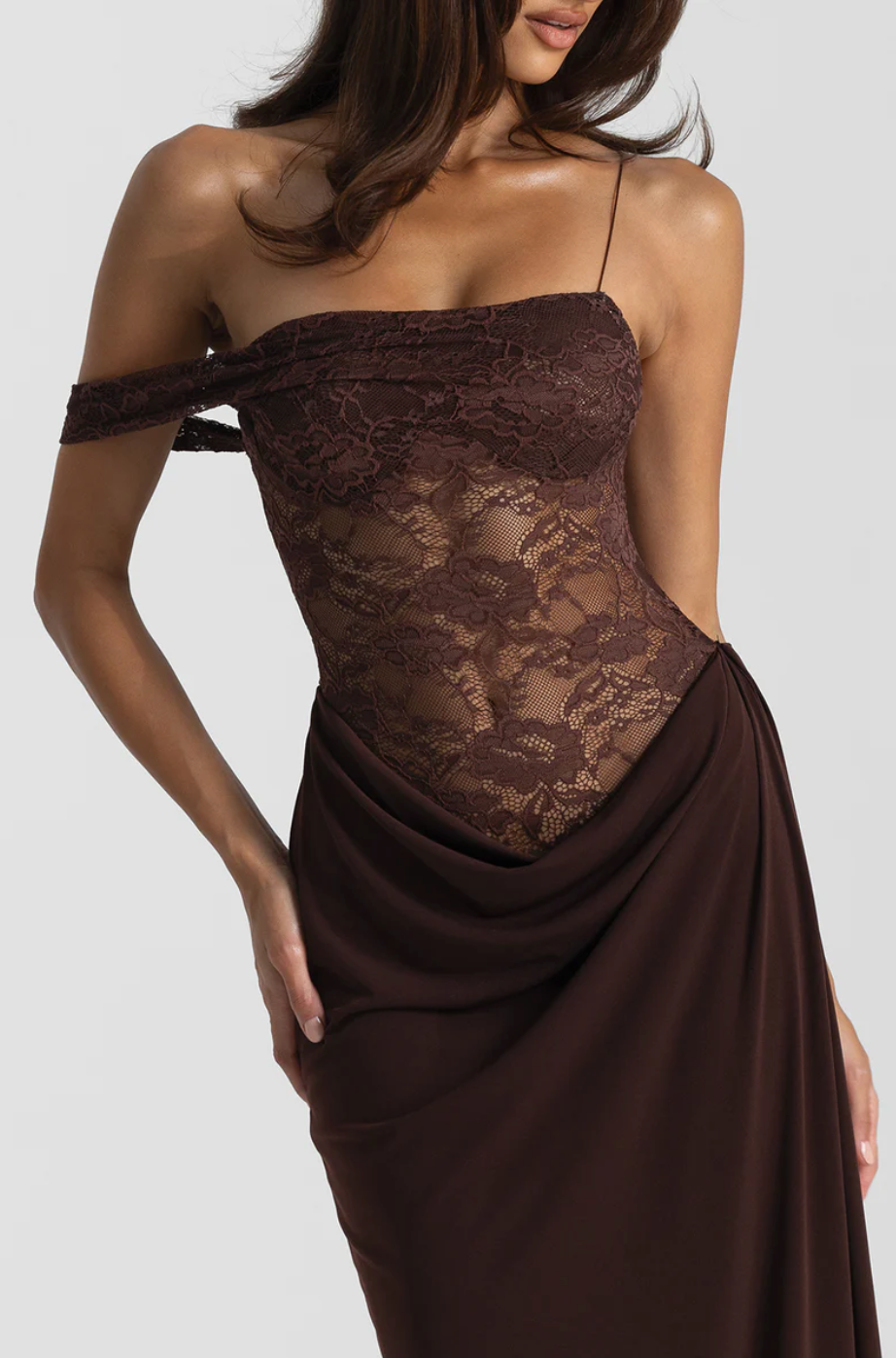 VALENTINA LACE CORSET MAXI DRESS - CHOCOLATE