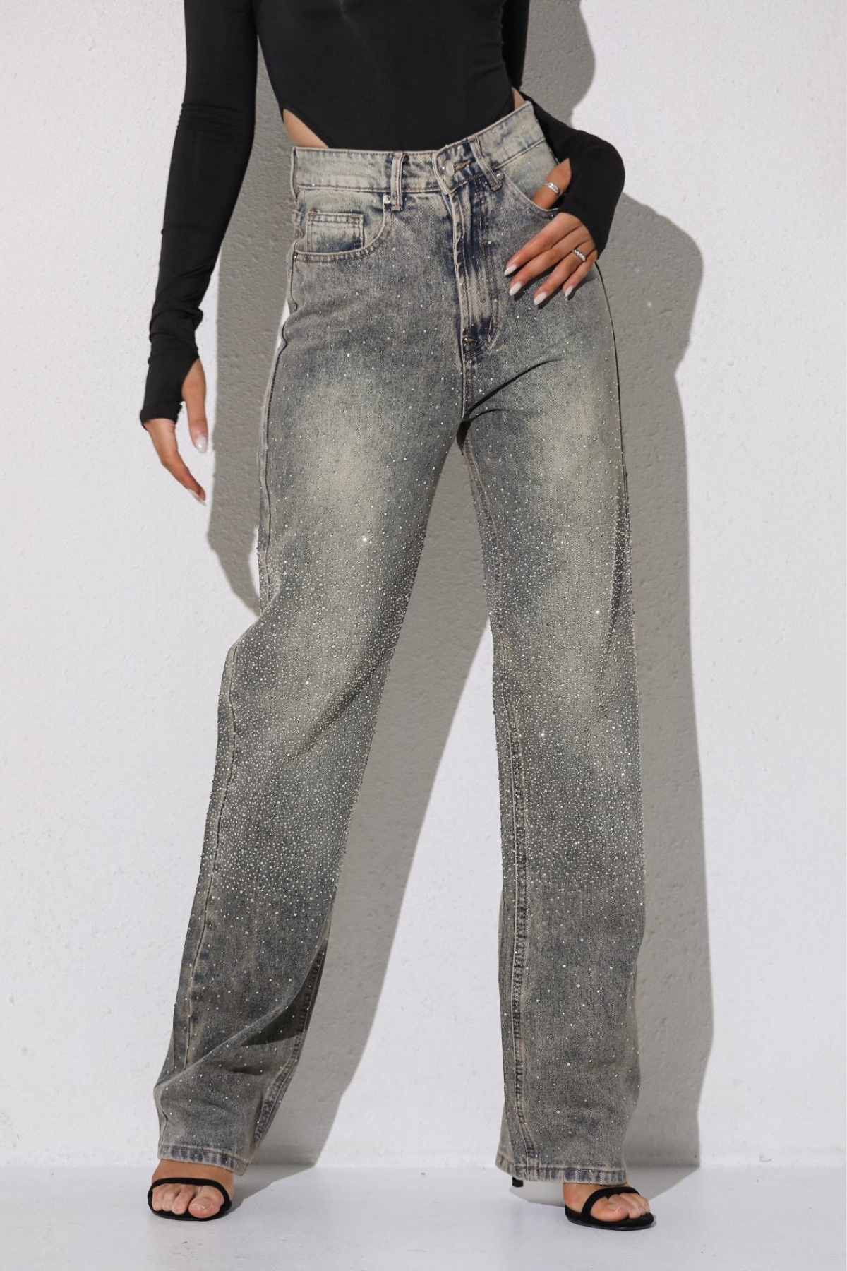Taşlı premium yüksek bel jean