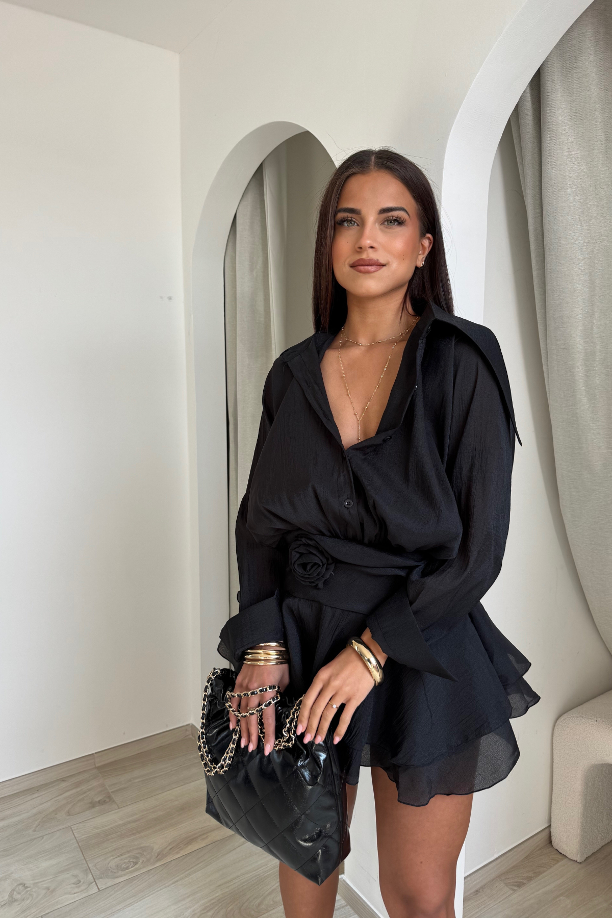 Gül kemerli mini elbise - Black