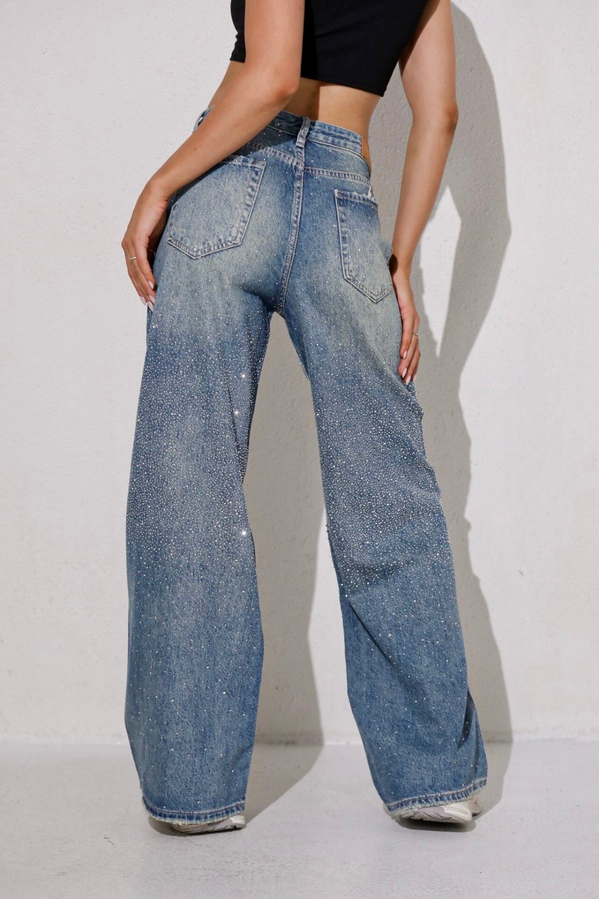 Taşlı premium yüksek bel jean