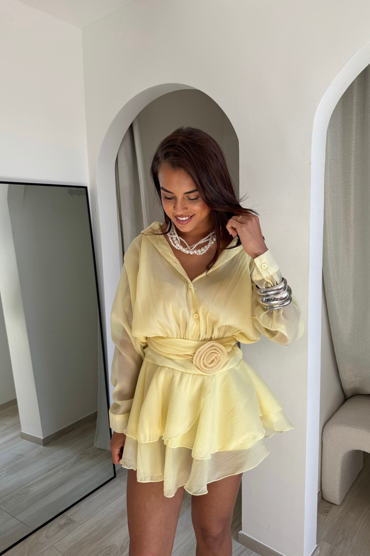 Gül kemerli mini elbise - Yellow
